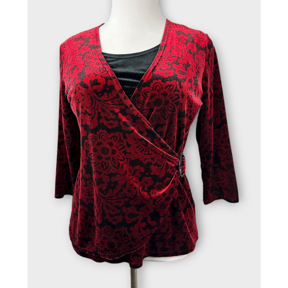 Choices Velvet Faux Wrap Blouse Lined Top Red Black Goth Vamp Whimsigoth Large - Picture 2 of 16